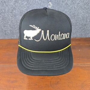 VTG Montana Snapback Hat Mesh Back‎ Truckers Cap Black with Gold Elk Spelled Out